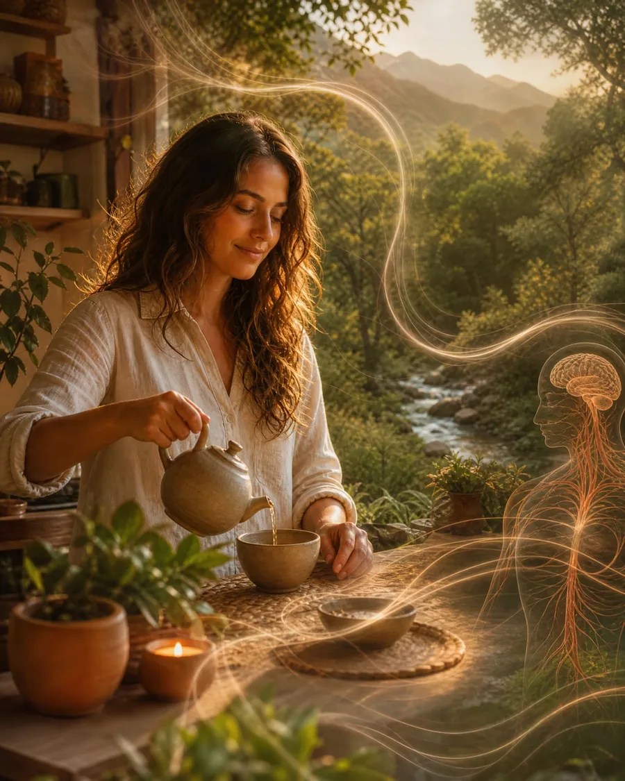 Mulher a servir chá, com linhas de luz que sugerem o corpo e a mente