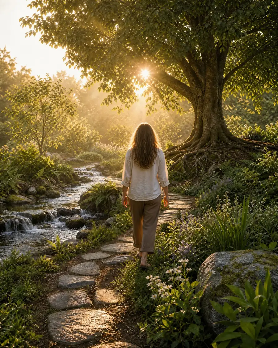 Pessoa de costas a caminhar por um trilho na floresta, ao nascer do sol